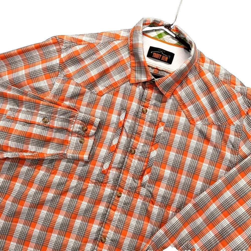 Orvis Trout Bum Shirt Mens L Orange Gray Plaid Long Sleeve Button Front QuickDry